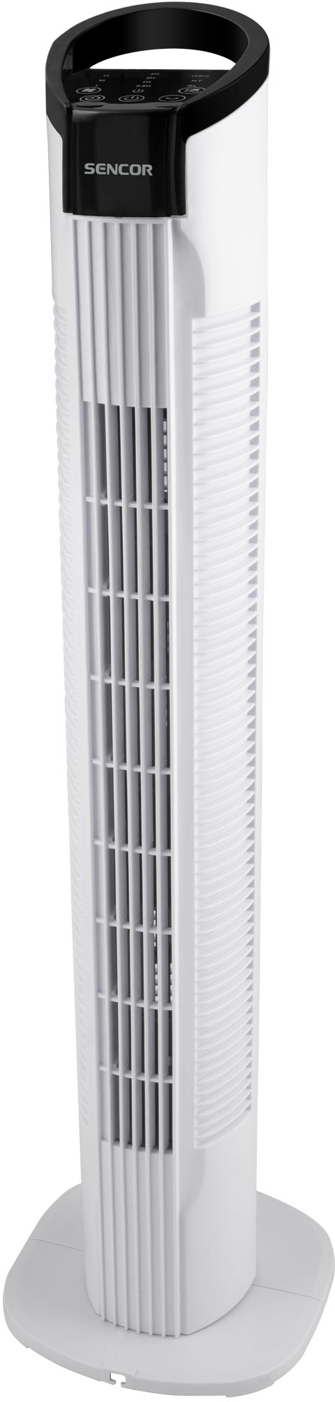 Fehér toronyventilátor fekete tetővel és vezérlőkkel. Rács elöl, látható SENCOR logó.