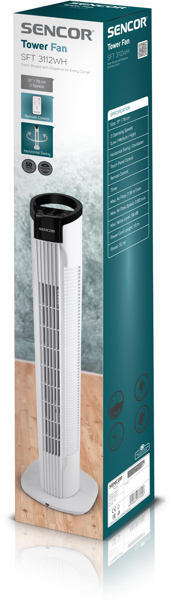 Toronyventilátor a dobozában. A doboz mutatja a ventilátort és specifikációkat tartalmaz. A dobozon a SENCOR és a Tower Fan felirat olvasható.