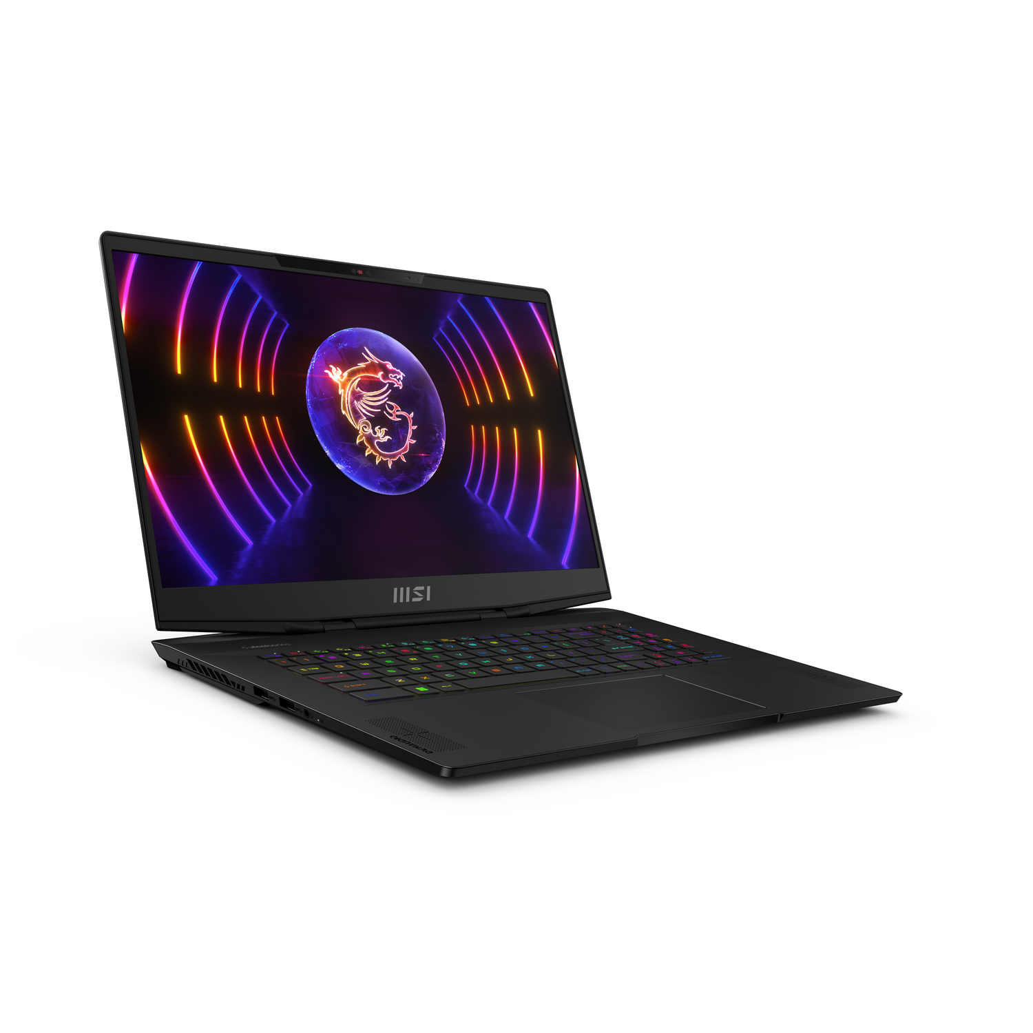 Portátil gaming negro con teclado iluminado, pantalla con gráfico colorido.