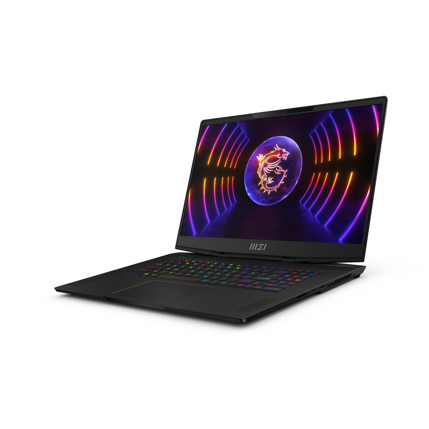 Portátil negro con teclado colorido y pantalla que muestra un logotipo de dragón. Fondo blanco.