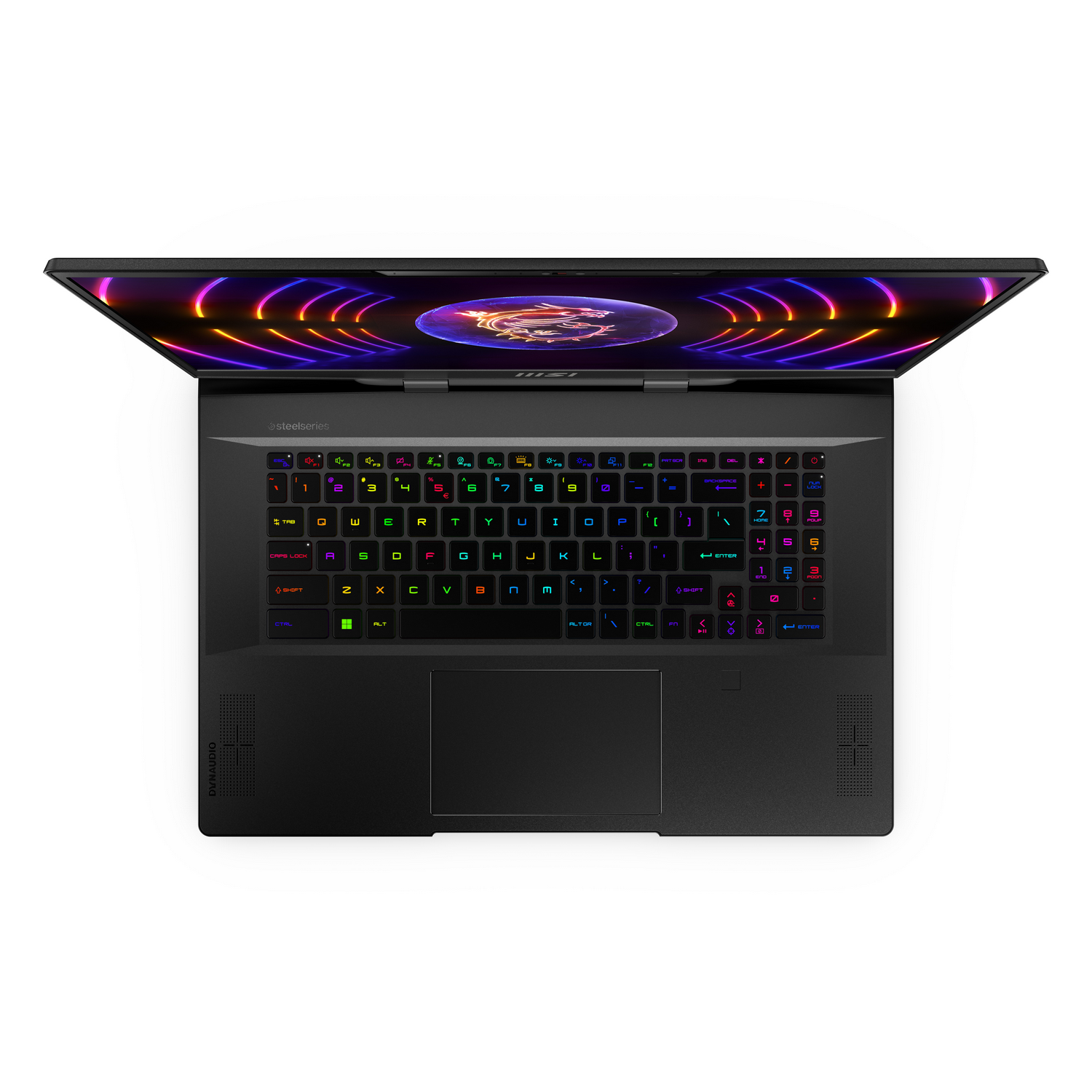 Laptop negro con teclado iluminado arcoíris, pantalla con gráficos coloridos. Fondo blanco.