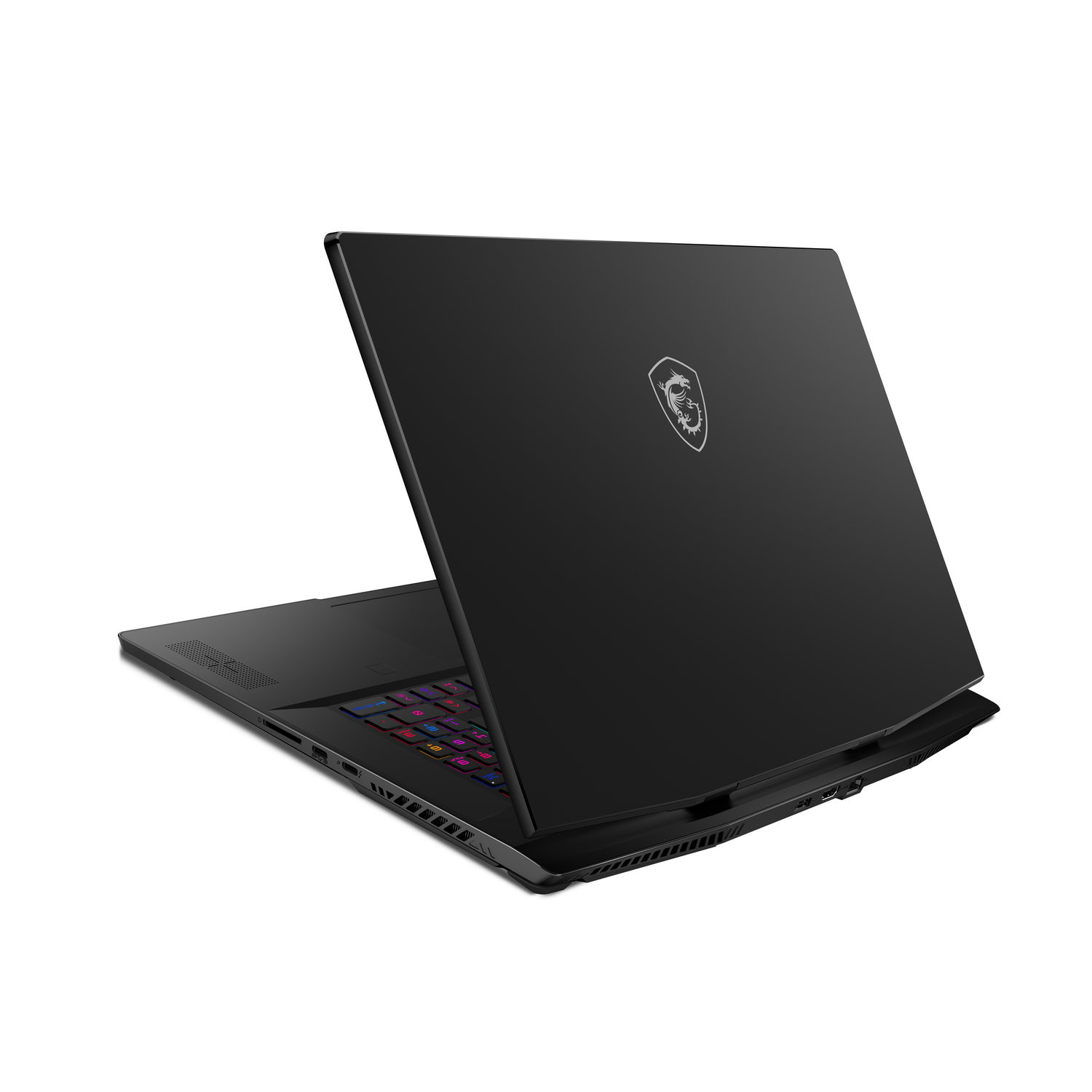 Un portátil negro con la tapa abierta, revelando el teclado y un logotipo en la parte trasera.