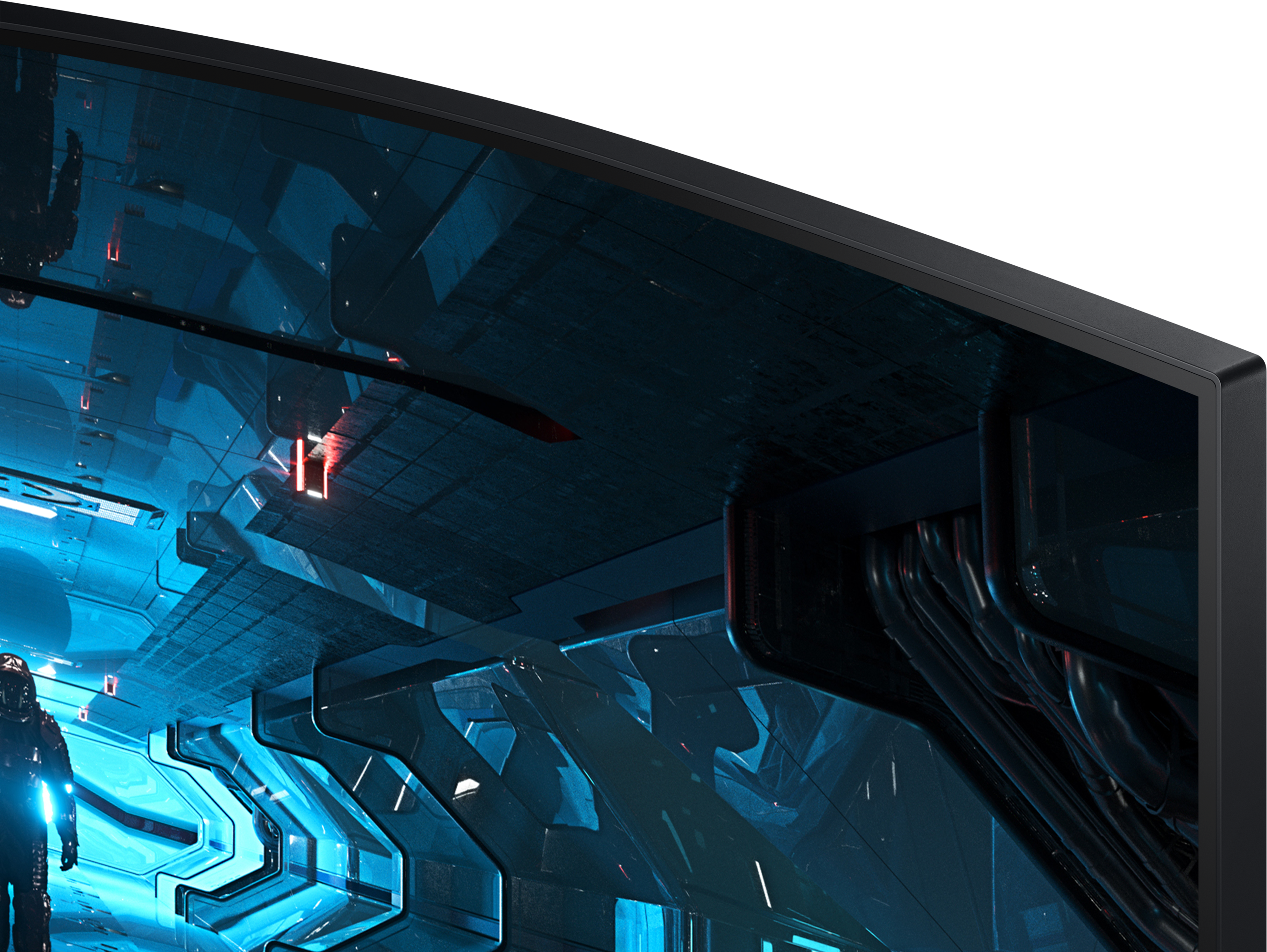 Gros plan d'un moniteur d'ordinateur incurvé avec un design intérieur futuriste en arrière-plan.