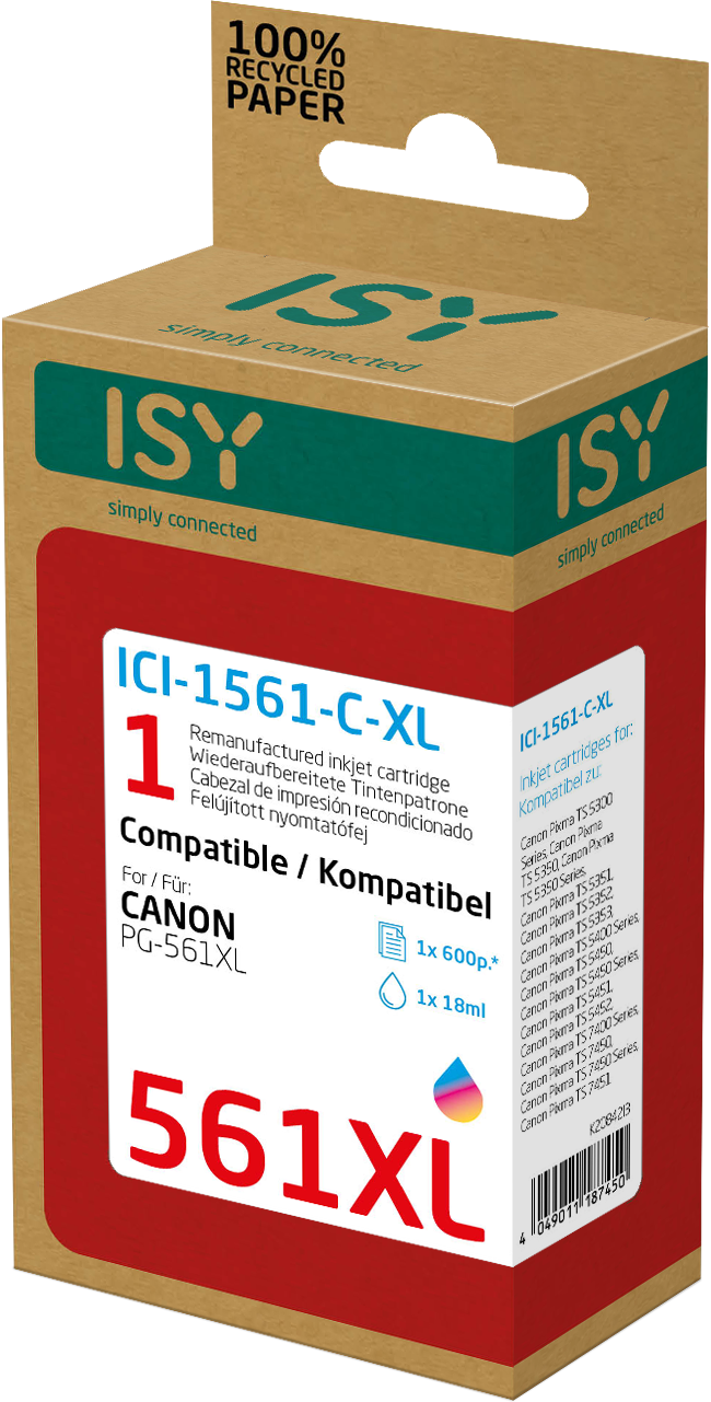 Tintenpatronenbox. Rot und braun mit Text und Grafiken. Zeigt 561XL und Canon-Kompatibilität.