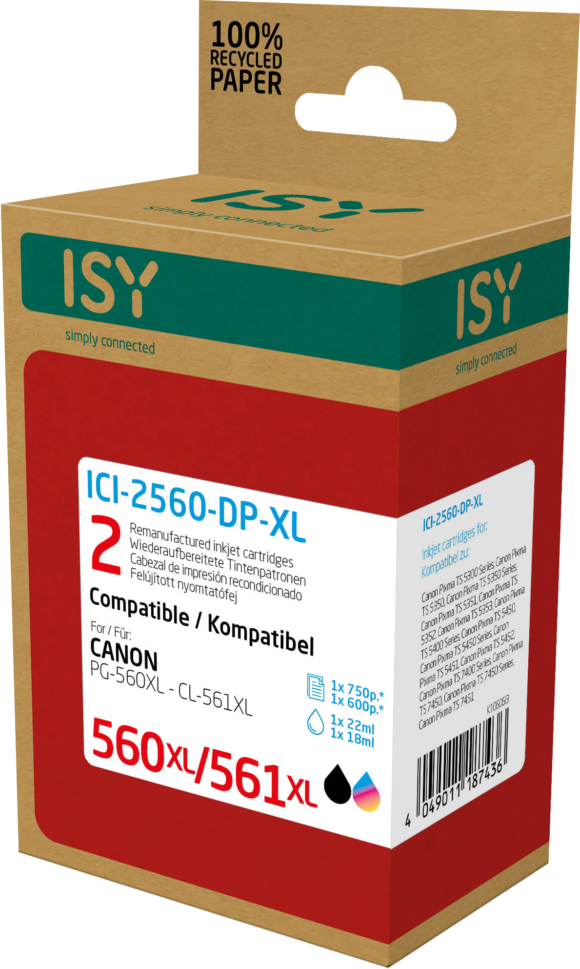 Rote und braune ISY-Tintenpatronenbox, mit weißem Hintergrund.