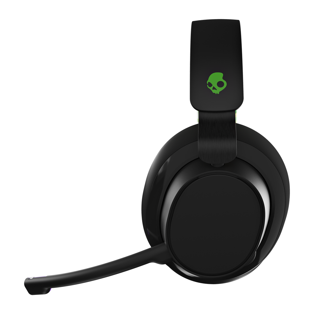 Fekete gamer headset zöld koponya logóval és mikrofonnal.