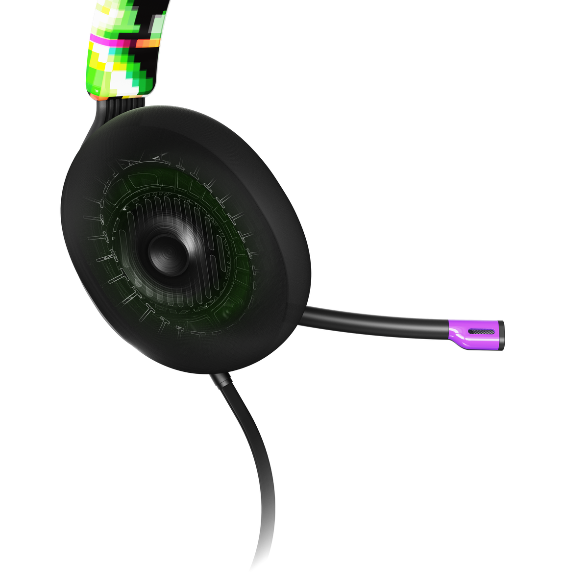 Gaming headset, oldalsó nézet, fekete, zöld és lila díszítéssel. Mikrofon látható.