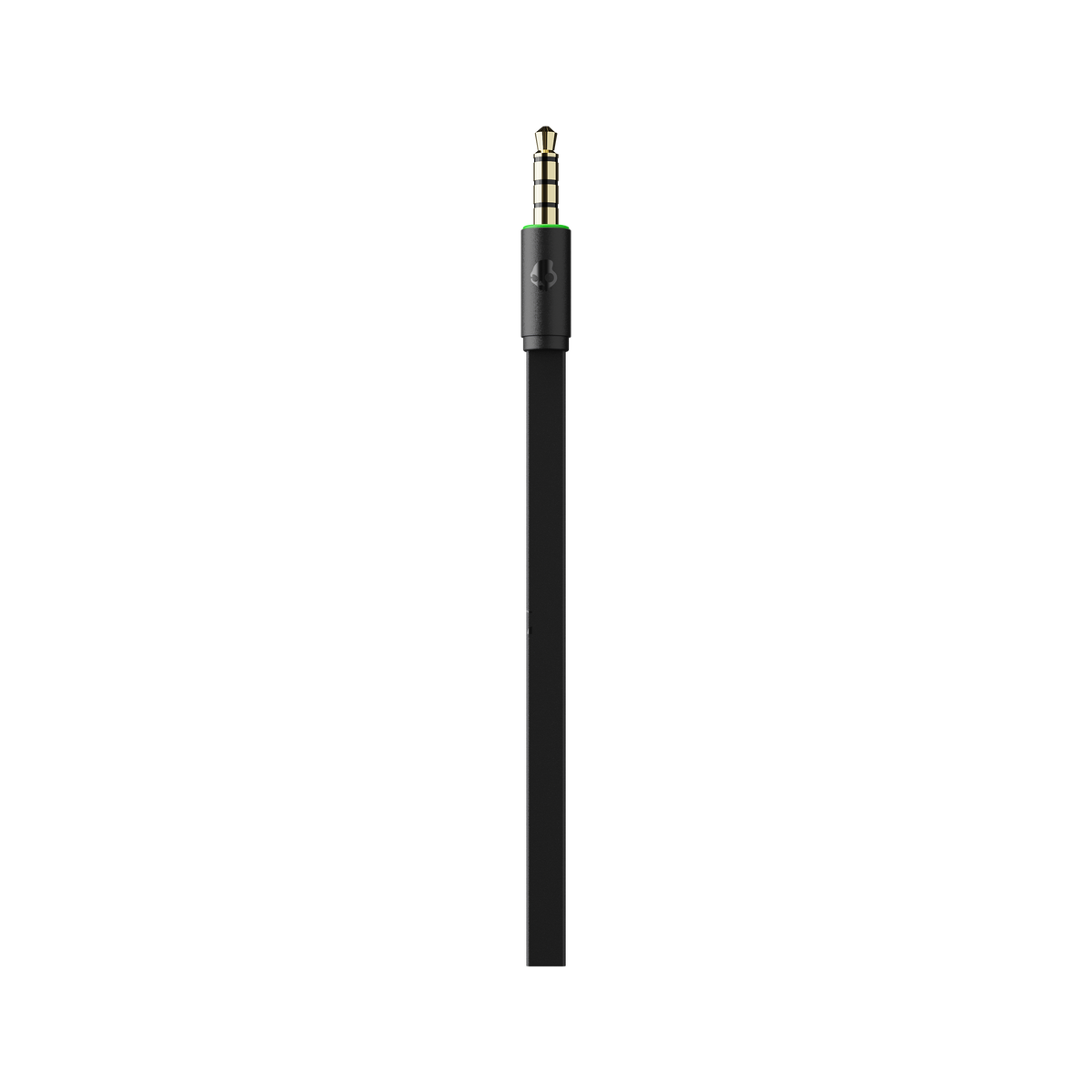 Egy fekete audiokábel 3,5 mm-es csatlakozóval, fekete háttér előtt.