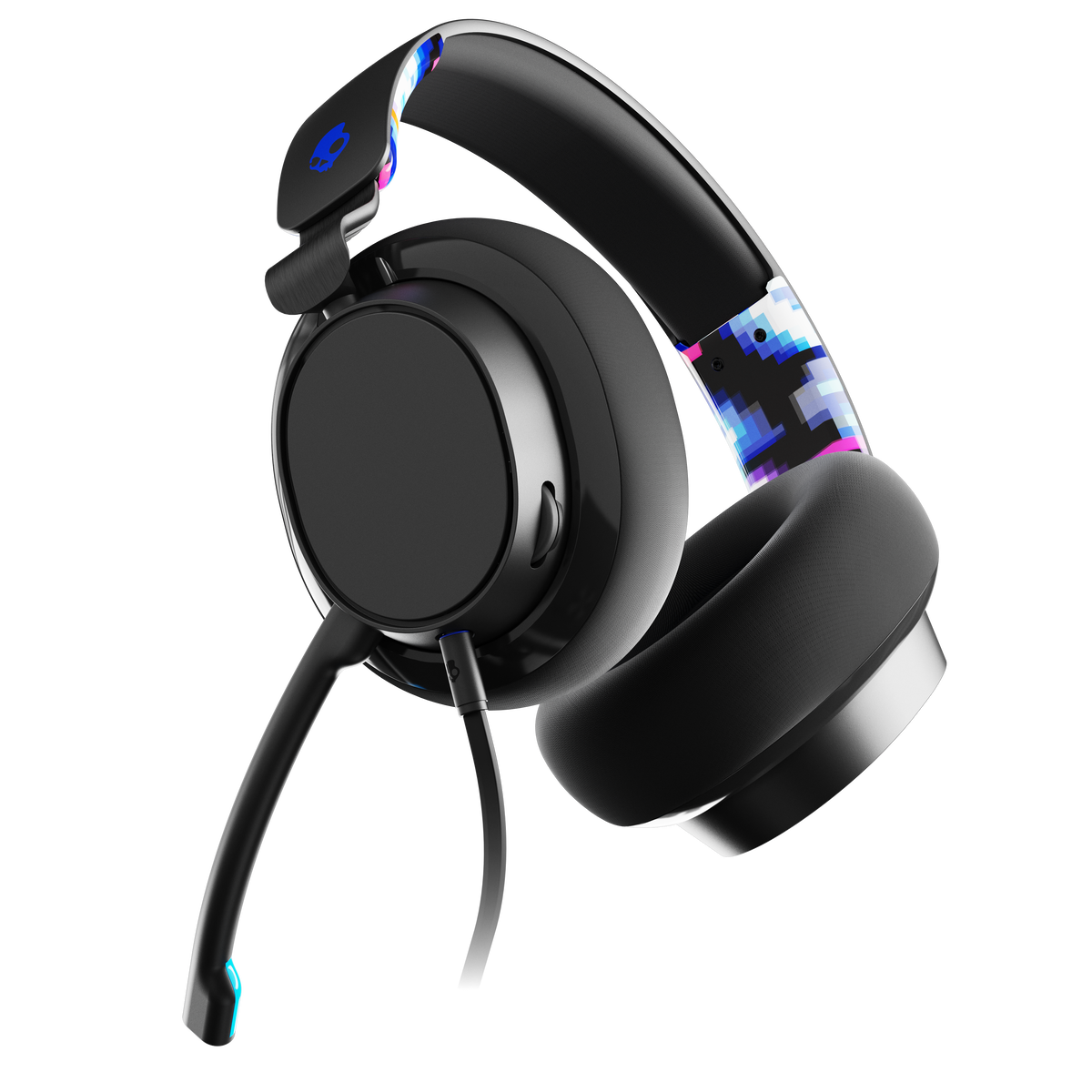 Fekete gaming headset mikrofonnal. A fejpánton színes dizájn található.
