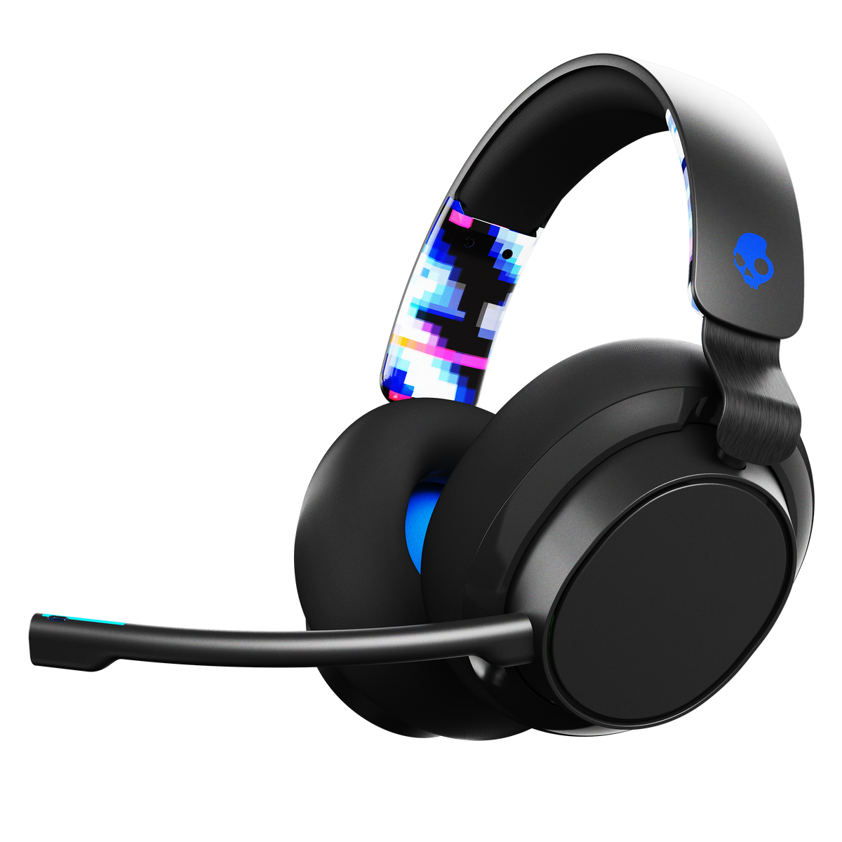 Egy fekete Skullcandy SLYR gaming headset pixelmintázattal a fejpánton.