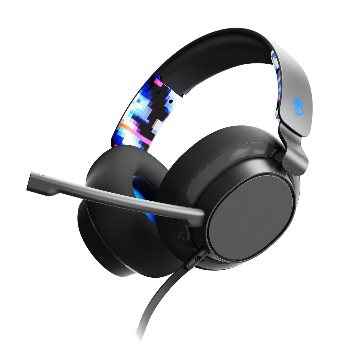 Fekete gamer fejhallgató mikrofonnal, színes fejpánt design, fekete háttér.