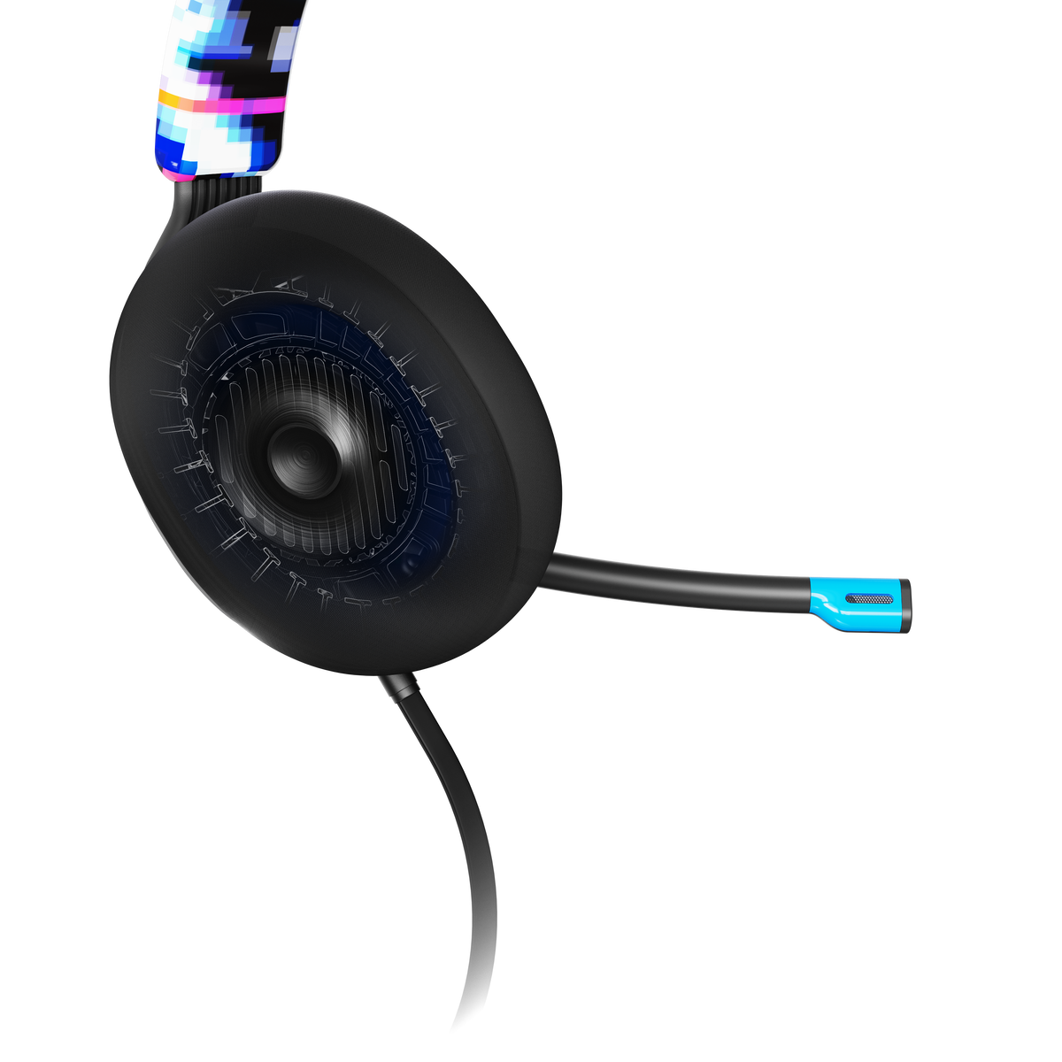 Fekete headset pixeles fejpánttal, mikrofonnal és kék részletekkel fekete háttéren.