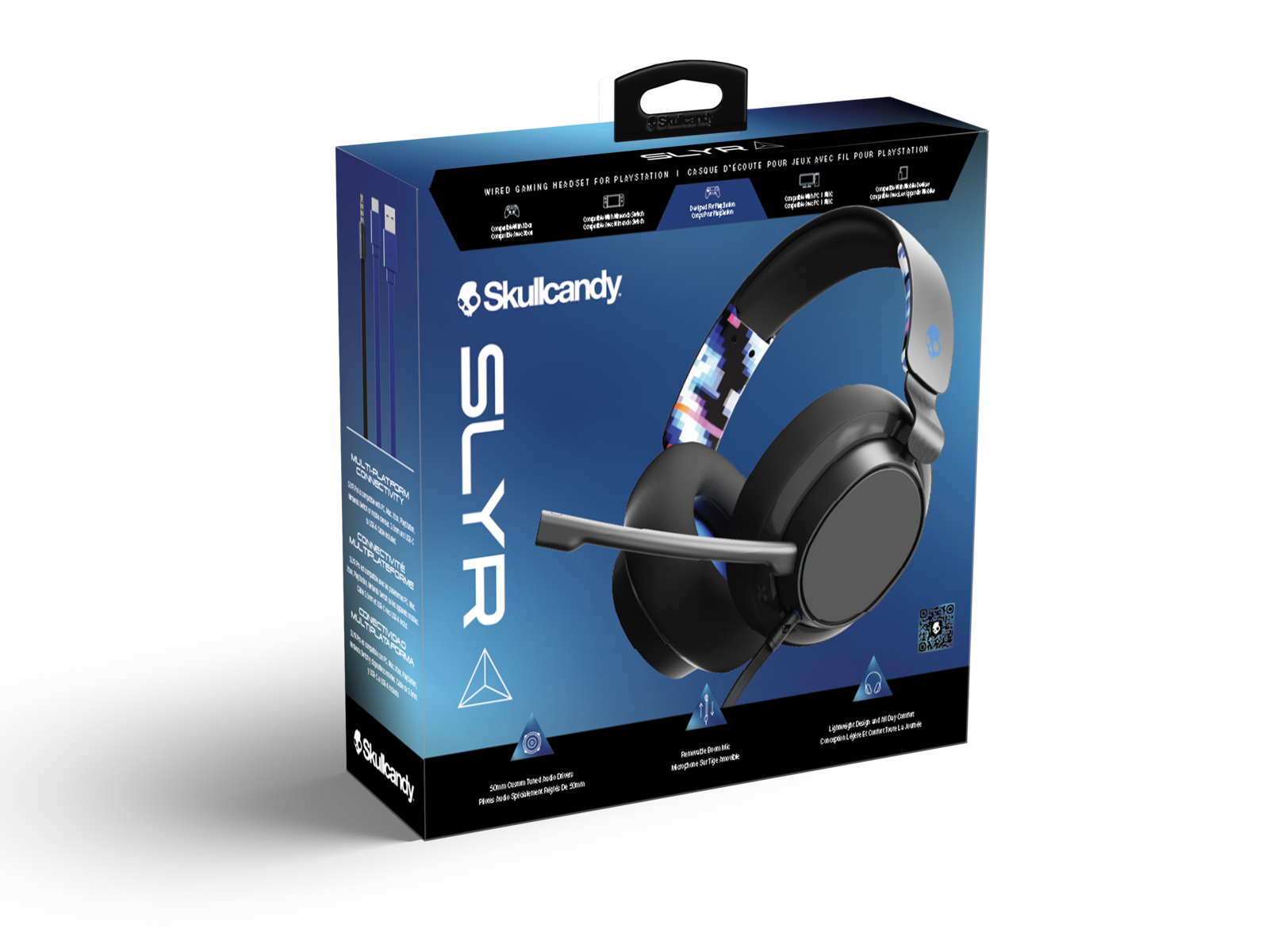 Skullcandy SLYR gaming headset doboz. Kék, fejhallgatóval és mikrofonnal.