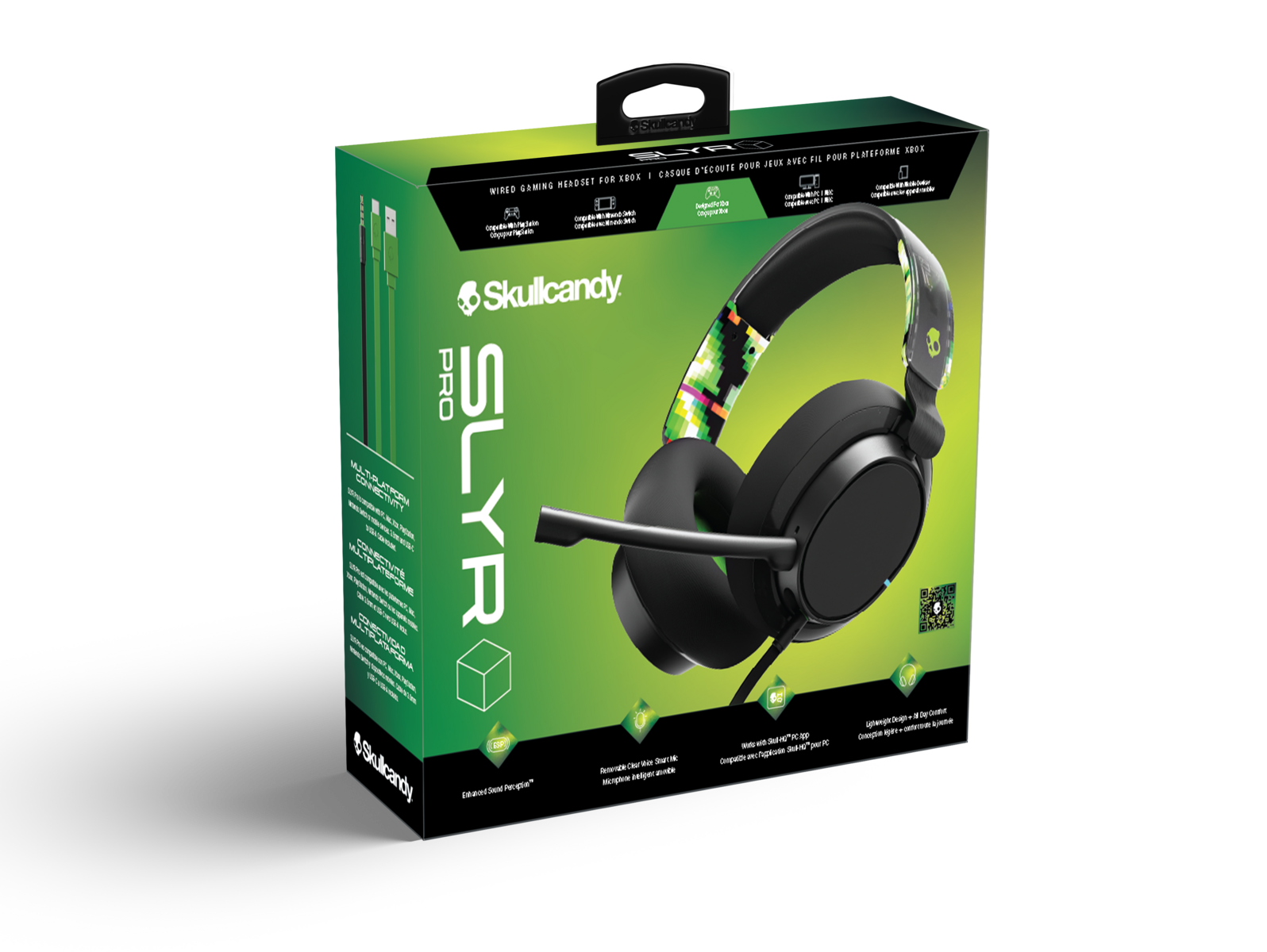 Skullcandy Pro SLYR gamer headset doboz. Zöld és fekete, fejhallgatóval és mikrofonnal.