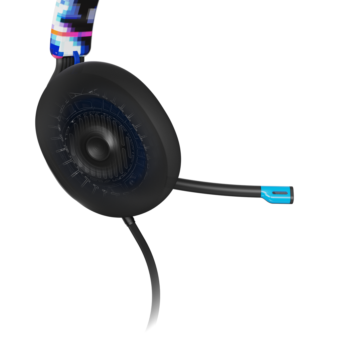 Fekete headset, pixeles design a fejpánton, kék részletek, fekete háttér.