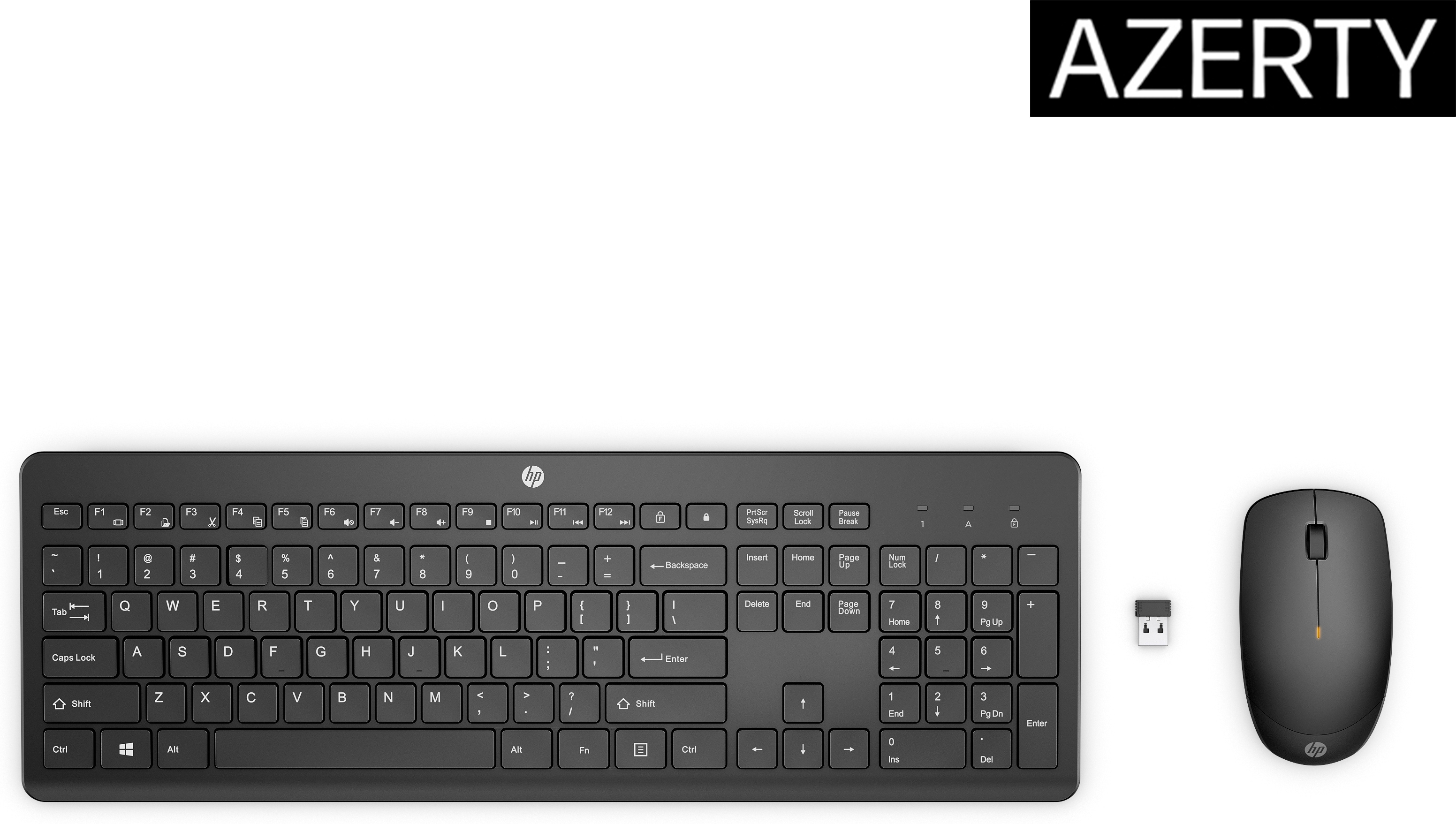 Schwarzes HP-Tastatur- und Maus-Set auf weißem Hintergrund. Die Marke ist AZERTY.
