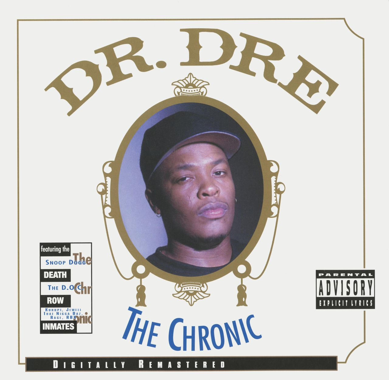 Dr. Dre 'The Chronic' című albumának borítója portréval és szöveggel.
