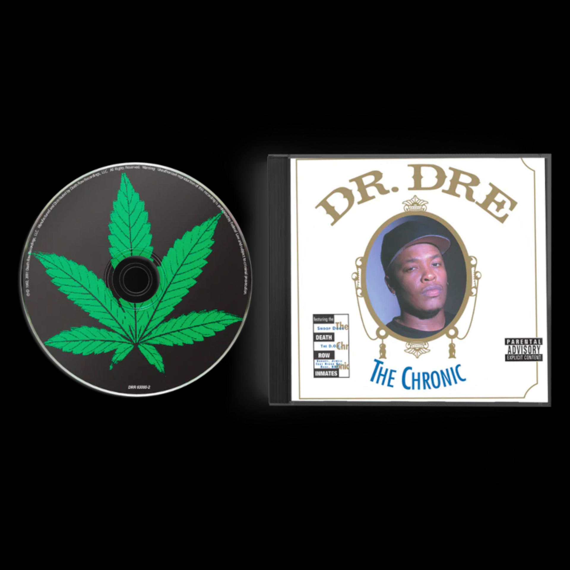 Dr. Dre CD, a lemezen kannabiszlevéllel, az album borítójával.