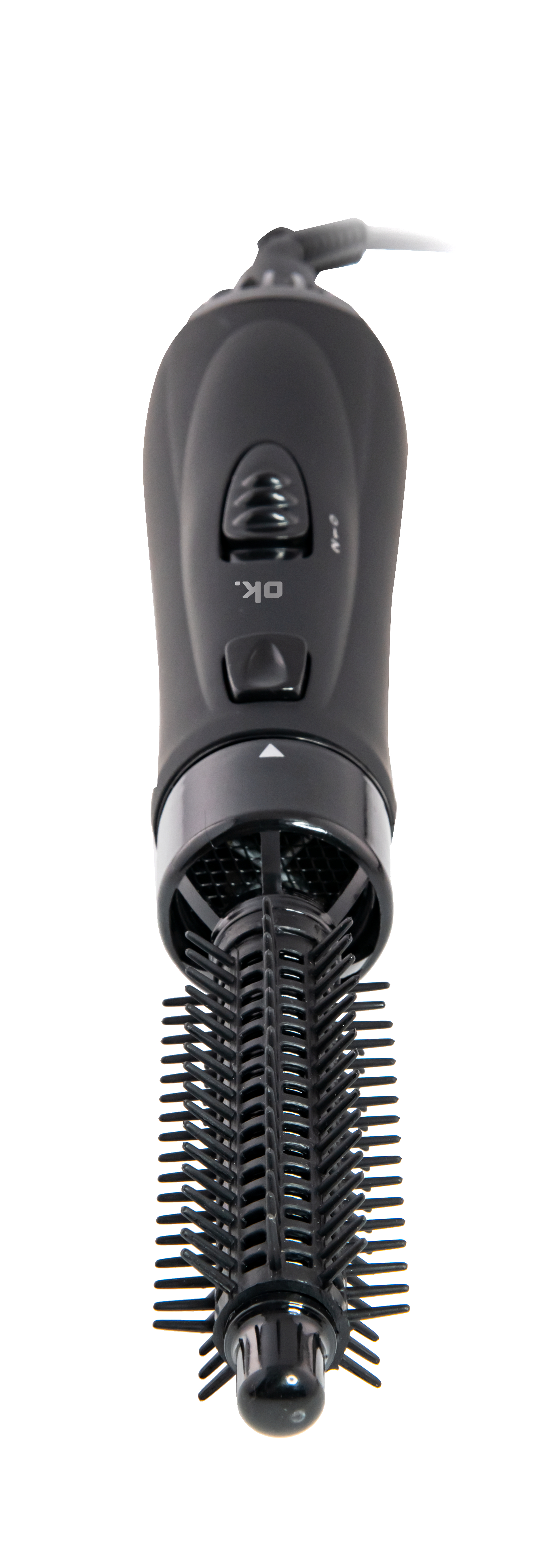Haarstyling-Werkzeug mit schwarzem Griff und Bürstenkopf.