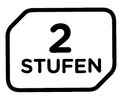 Schild mit dem Text "2 STUFEN" in einem schwarzen Rechteck.