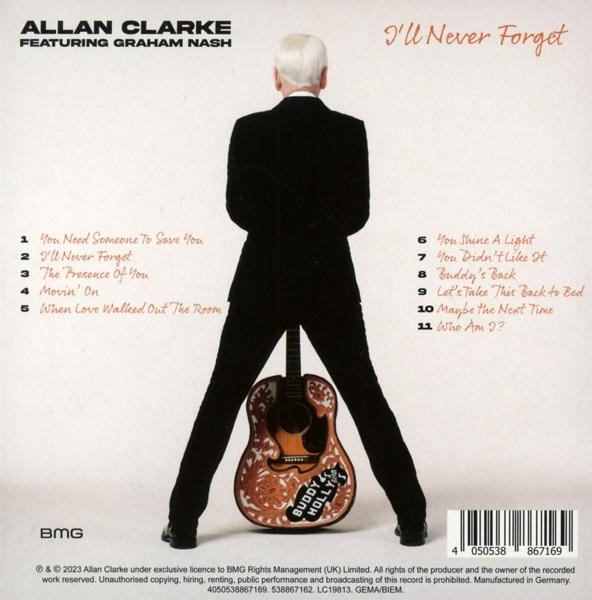 Allan Clarke Albumcover, Rückansicht. Mann im schwarzen Anzug mit Gitarre. Text mit Trackliste.