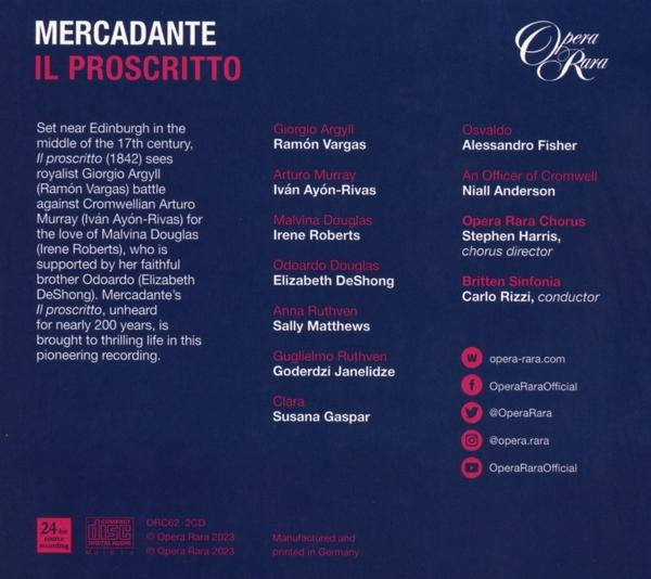 Text auf einem CD-Cover, mit Besetzung und Details über die Oper 'Mercadante Il Proscritto'. Der Hintergrund ist weiß.