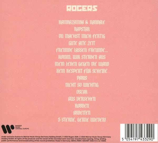 Rückseite einer CD-Hülle mit Songtiteln und einem Logo. Der Hintergrund ist ein rosa Farbverlauf.