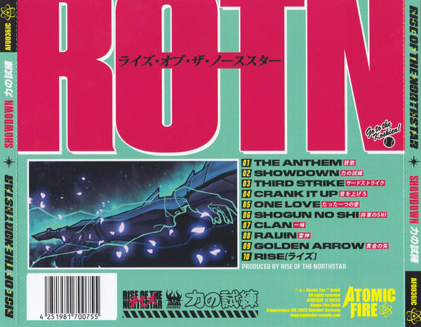 CD-Rückseite mit Text und Grafik. Der Text ist weiß auf farbigem Hintergrund, mit Logo.