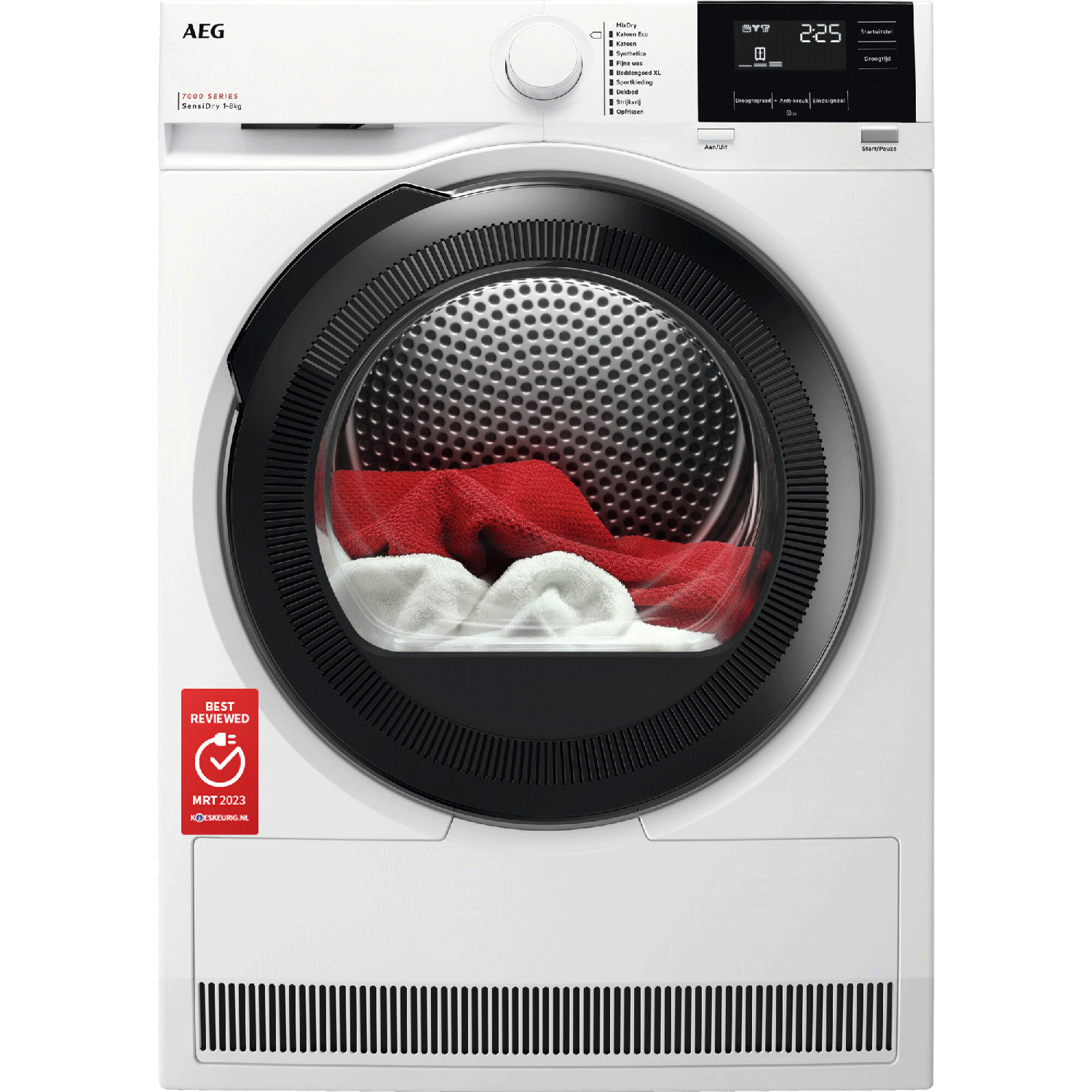 A white AEG dryer with a black door and a red and white load of laundry visible inside.