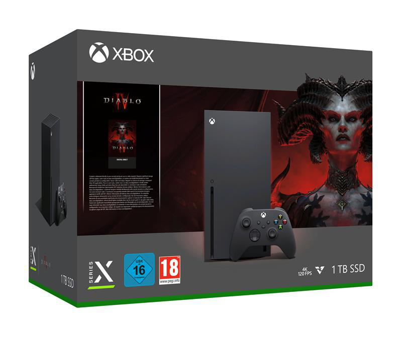 Eine Spielbox für die Xbox Series X Konsole, mit einem Diablo IV Spielcover.