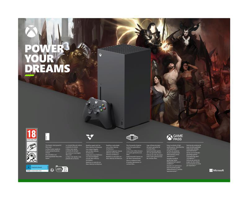Eine Xbox Series X Konsole, Controller und Werbetext mit dunklem Fantasy-Hintergrund.