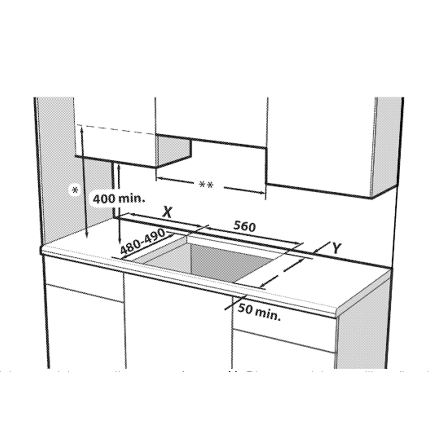 Diagramma di un'area lavello cucina, con dimensioni e dettagli di progettazione.