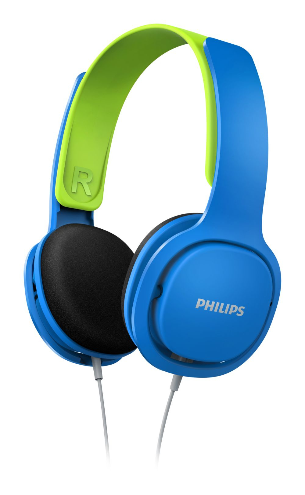 Blauwe en groene hoofdtelefoon op een witte achtergrond.