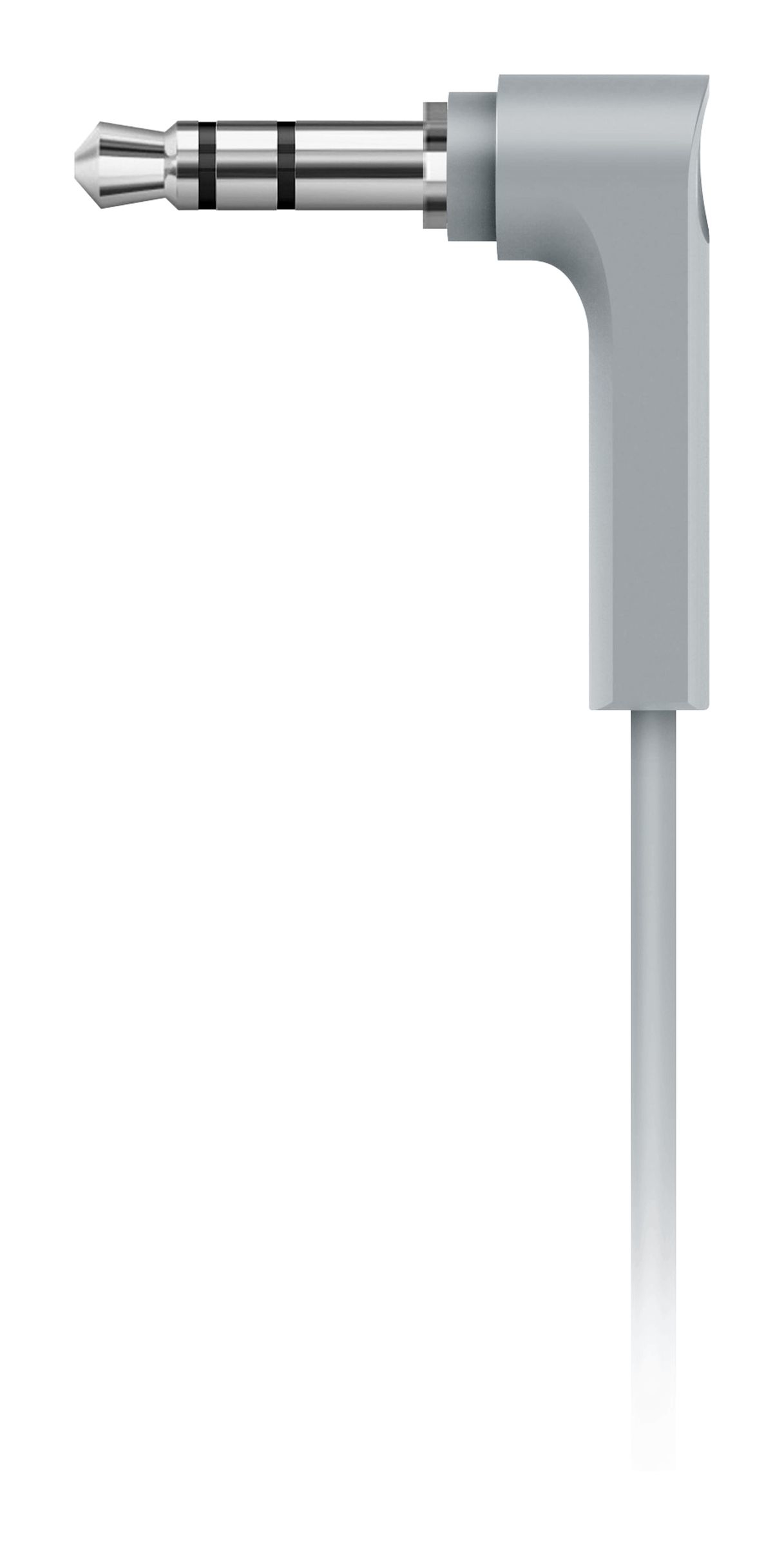 Afgeschuinde zilveren 3,5 mm audio jack met een witte kabel, geïsoleerd op een witte achtergrond.
