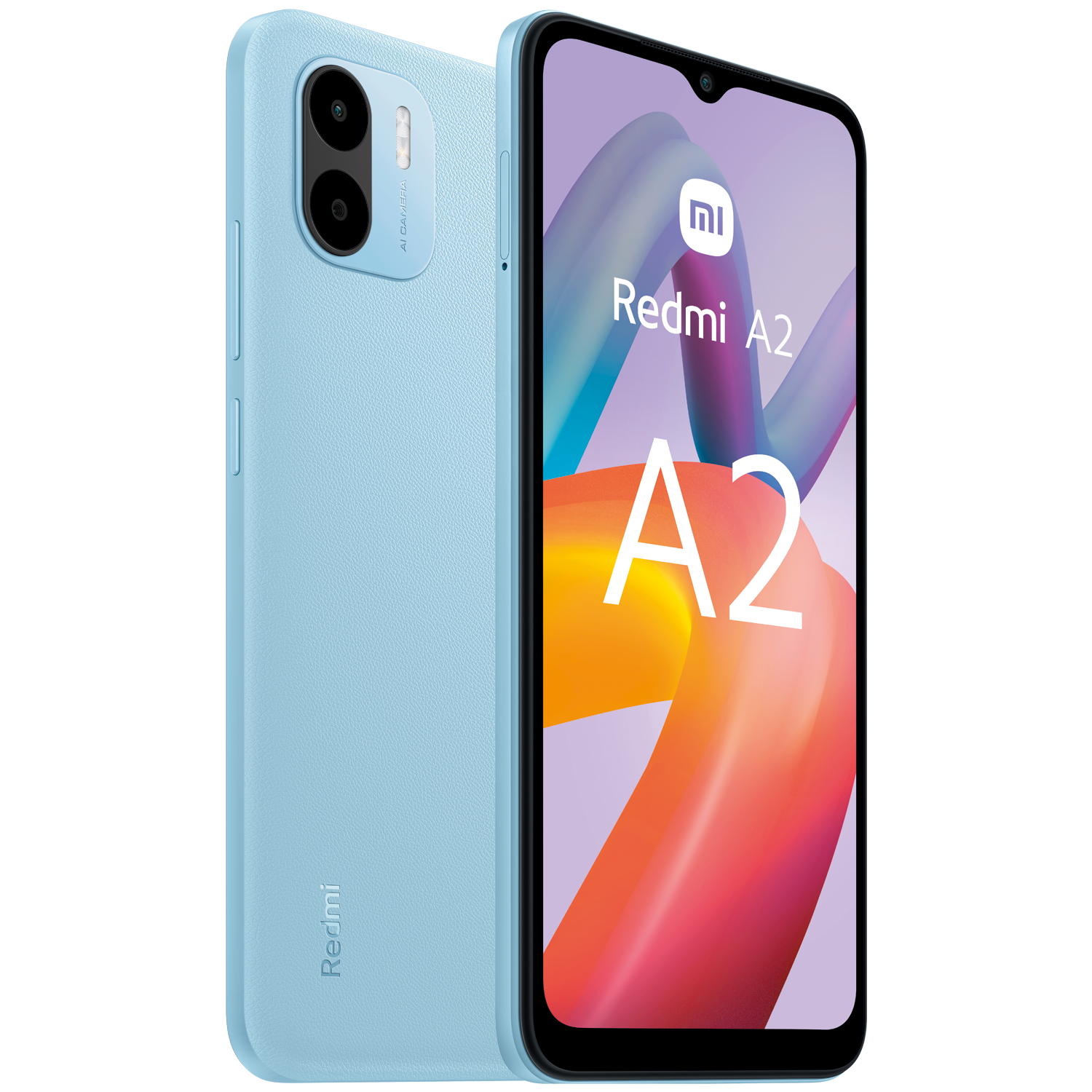 Teléfono Redmi A2 azul, dos cámaras y una pantalla que muestra el logo y diseño Redmi A2.