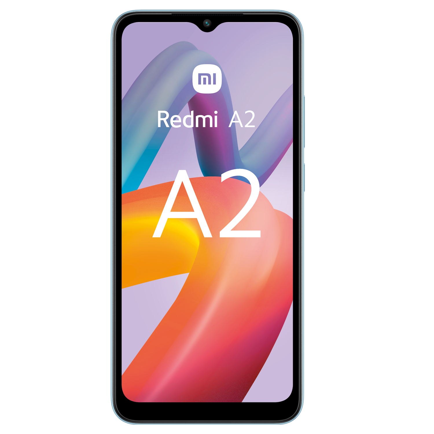 Un smartphone Redmi A2. La pantalla muestra un fondo abstracto colorido con el logotipo Redmi y A2.
