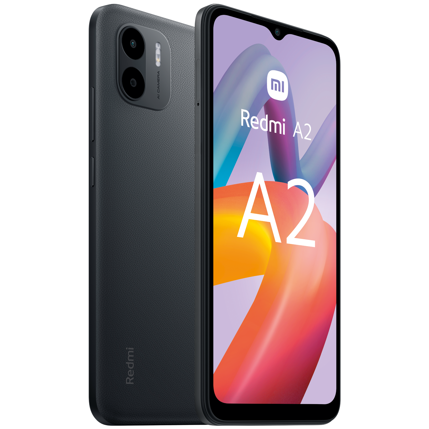 Teléfono Redmi A2 en gris oscuro, con cámara dual y marca Redmi, mostrando una pantalla colorida.