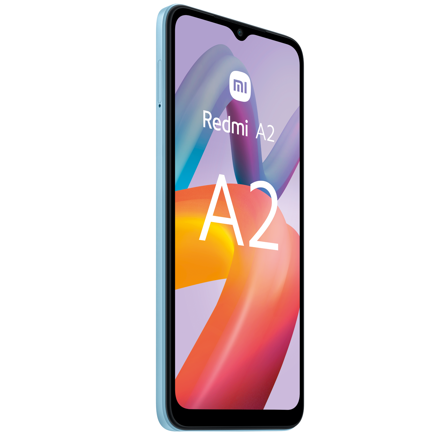 Un smartphone azul muestra el logotipo Redmi A2 y diseño abstracto colorido.