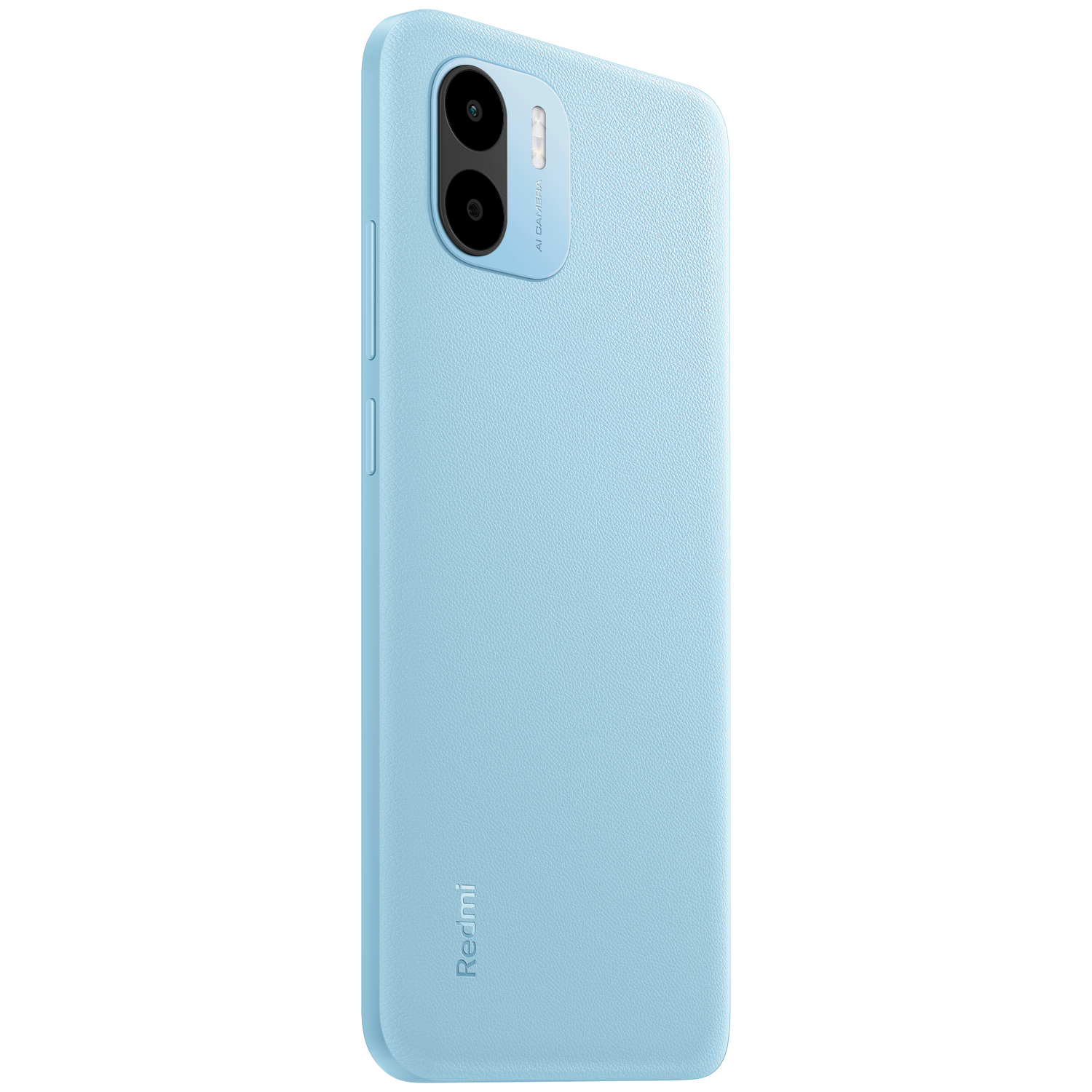 Funda de teléfono azul claro con cámara y el nombre de la marca Redmi en la parte inferior.