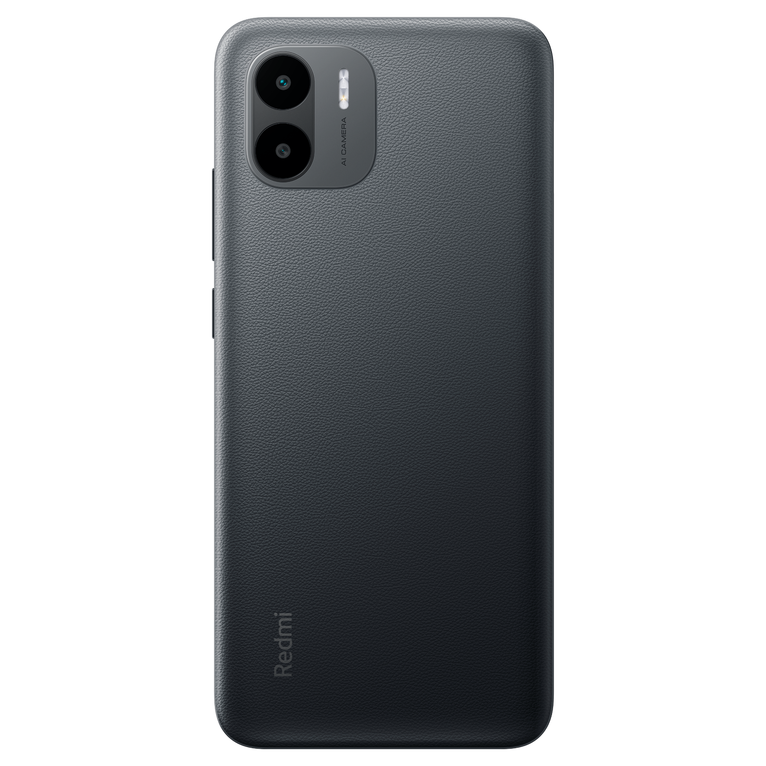 Parte trasera de un teléfono Redmi negro con dos cámaras y el logo Redmi. Acabado texturizado.