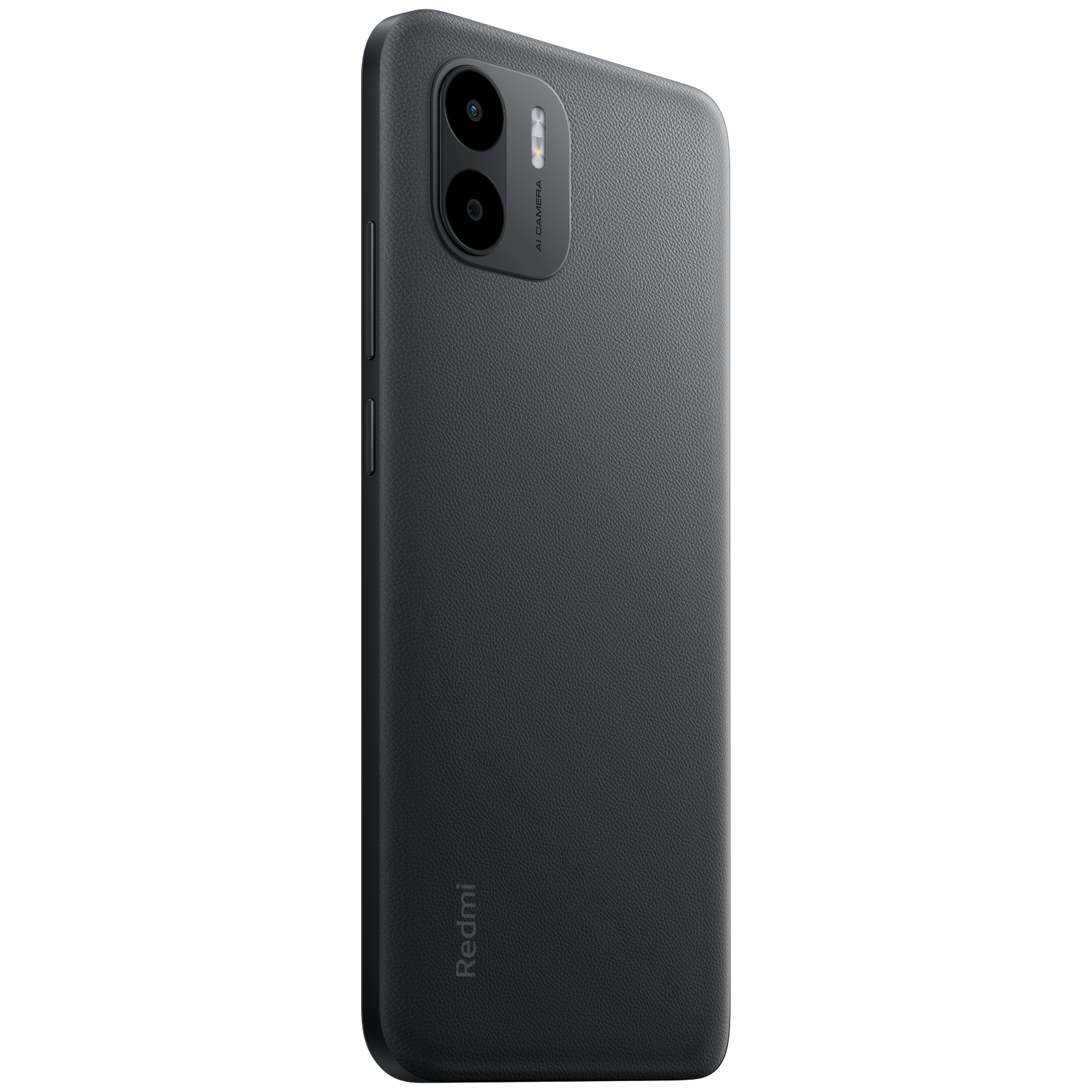Un smartphone negro con la parte trasera gris oscuro, mostrando una cámara dual.