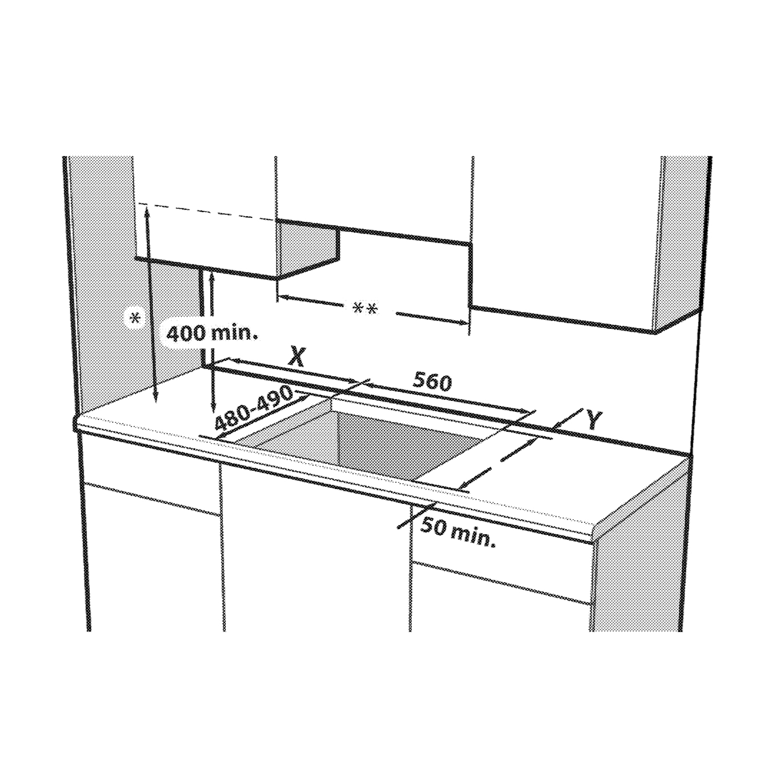 Disegno tecnico di un elettrodomestico da cucina con dimensioni, lavello e armadi.