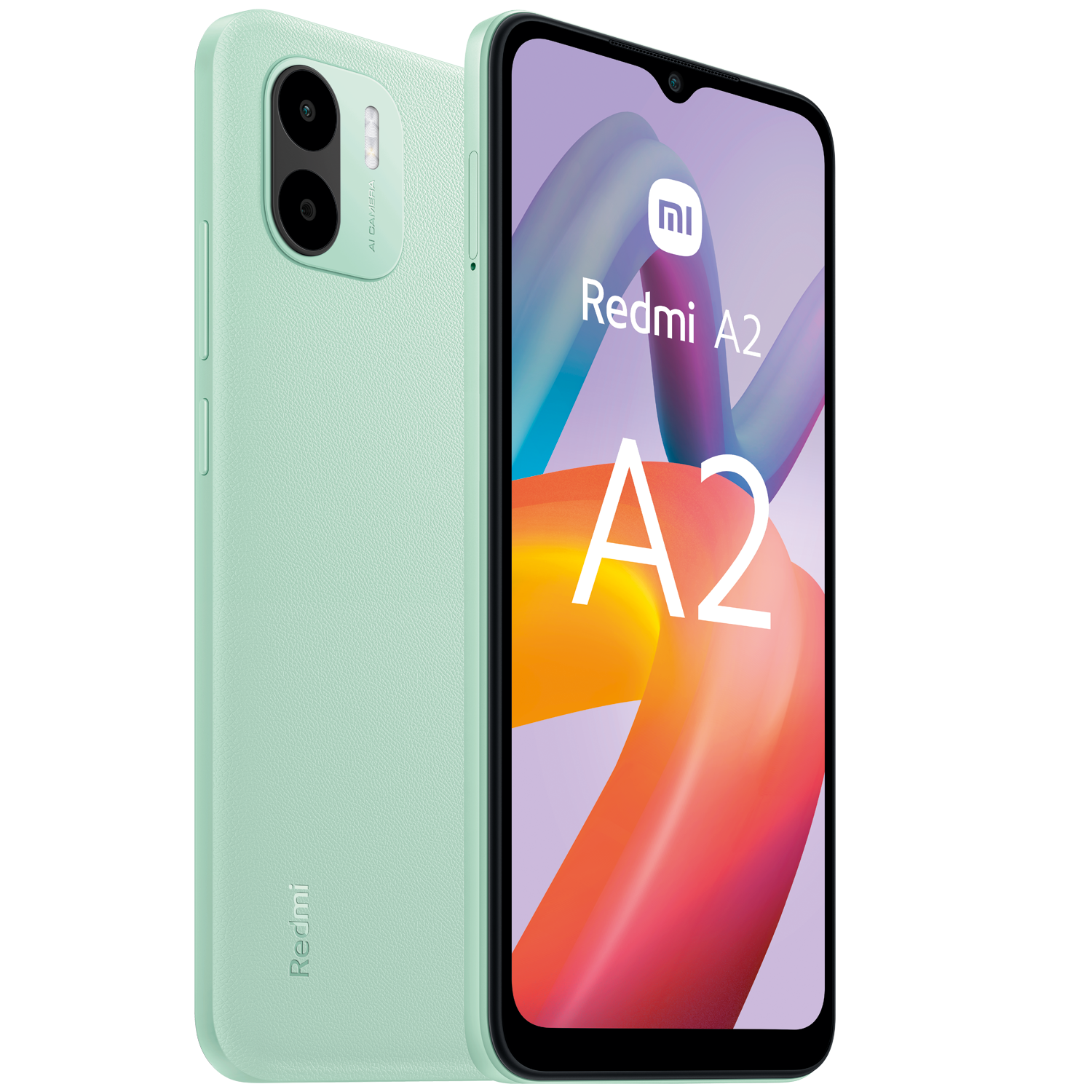 Un teléfono Redmi A2 verde menta, mostrando la parte trasera con cámara y frontal con pantalla.