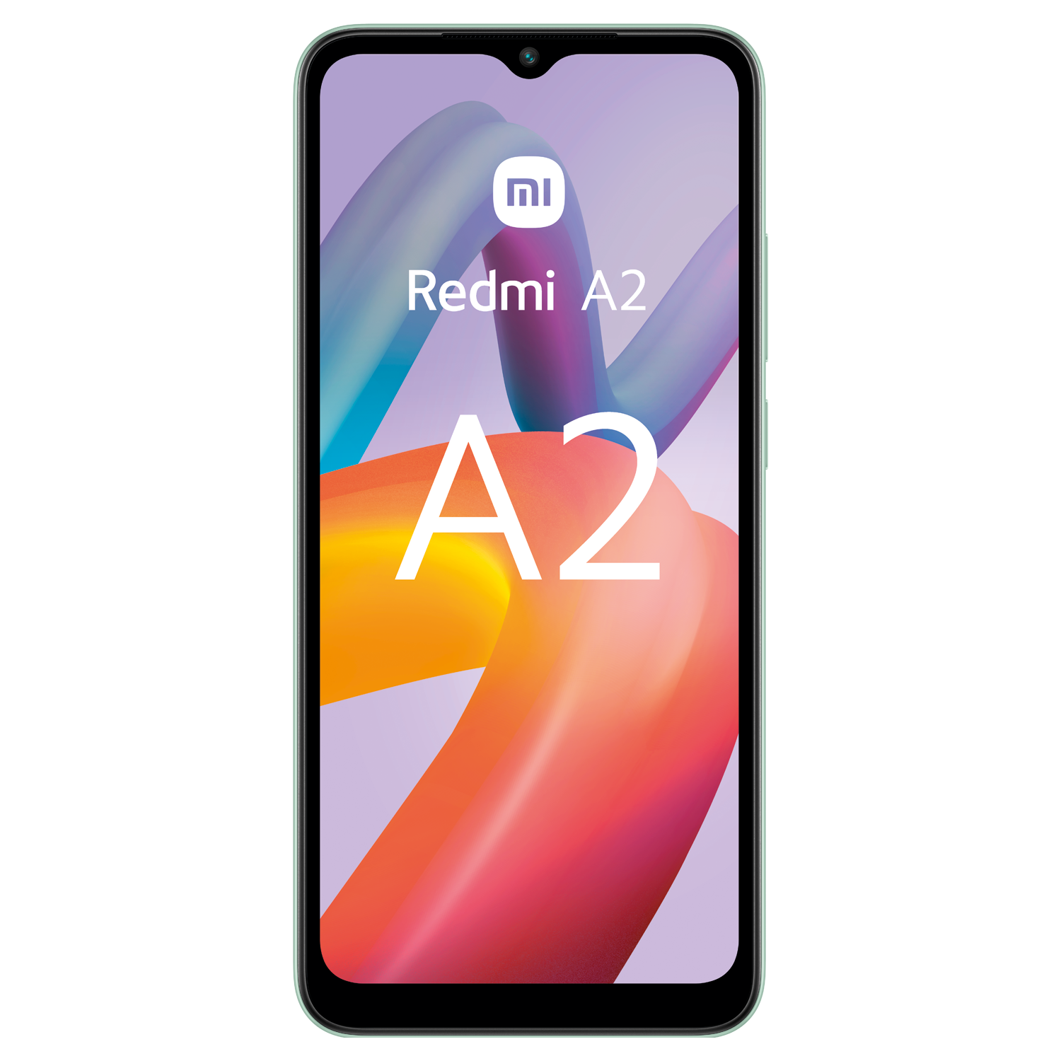 Vista frontal de un smartphone Redmi A2 verde menta, con texto A2 en su pantalla.