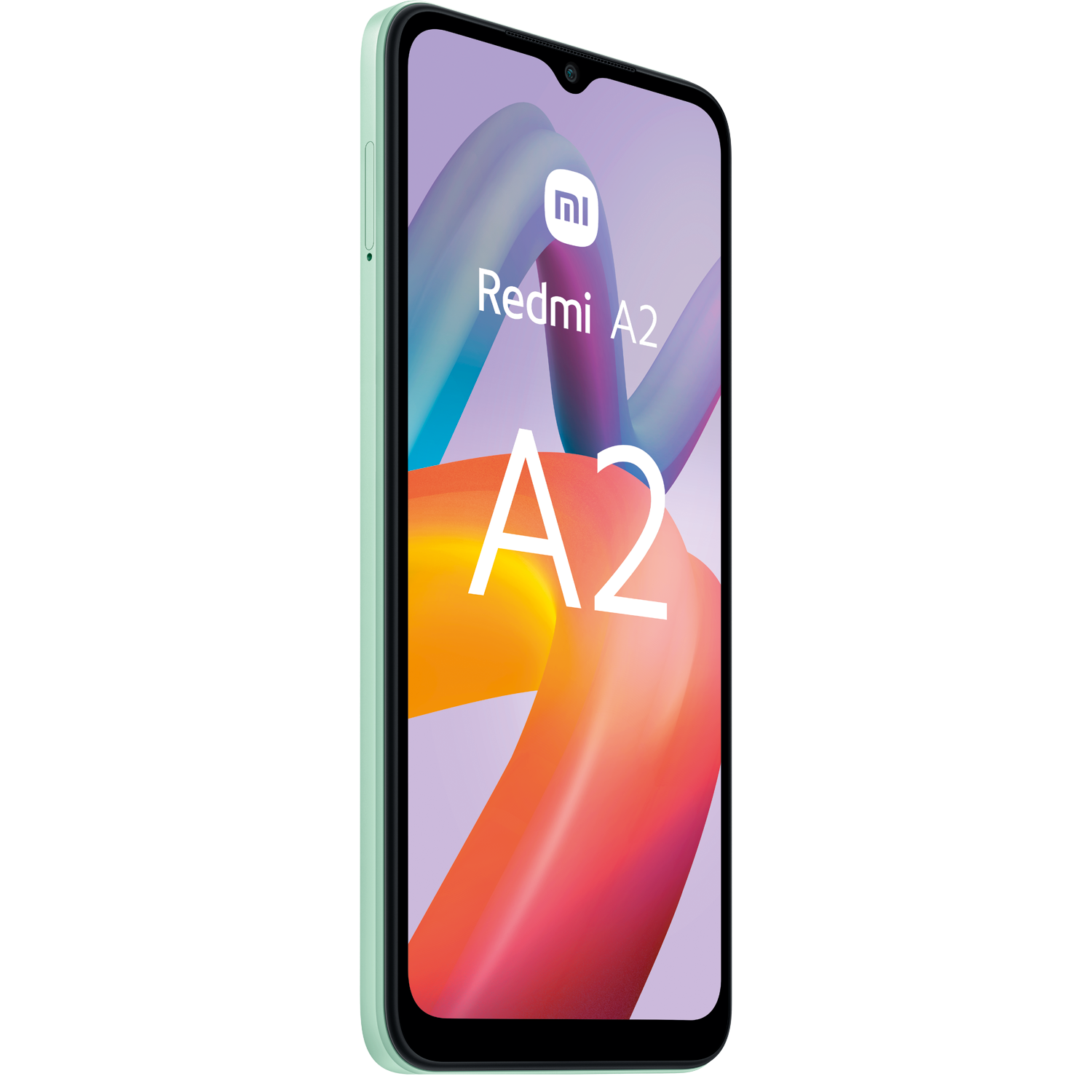 Smartphone Redmi A2 en mano, ligeramente girado. La pantalla muestra el logo y detalles A2.