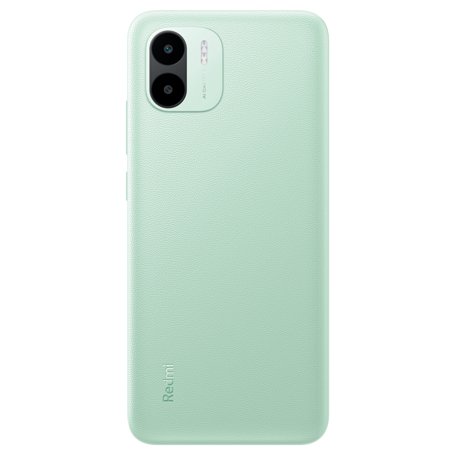 Una funda de teléfono verde claro, con una configuración de cámara en la parte superior y la palabra 'Redmi' en la parte inferior.