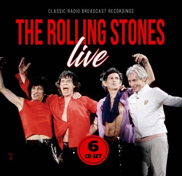 The Rolling Stones Live-Albumcover. Bandmitglieder auf der Bühne, rotes und schwarzes Design.
