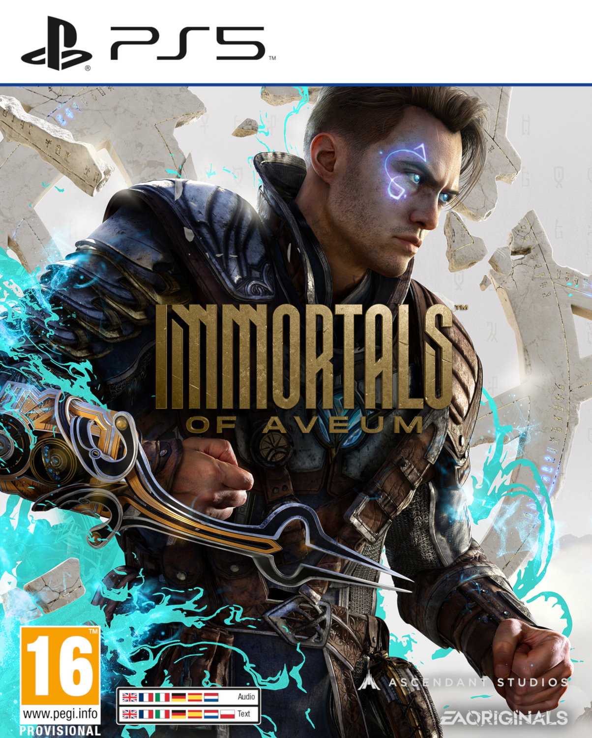 Game cover: man met gloeiend gezicht, titel 'Immortals of Aveum'.