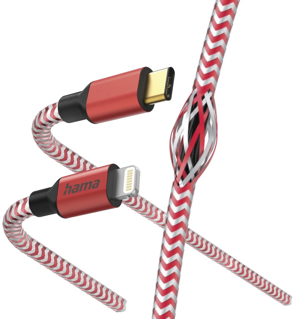 Piros-fehér csíkos töltőkábelek, USB-C és Lightning csatlakozókkal, és egy keresztmetszet a kábel belsejéről.