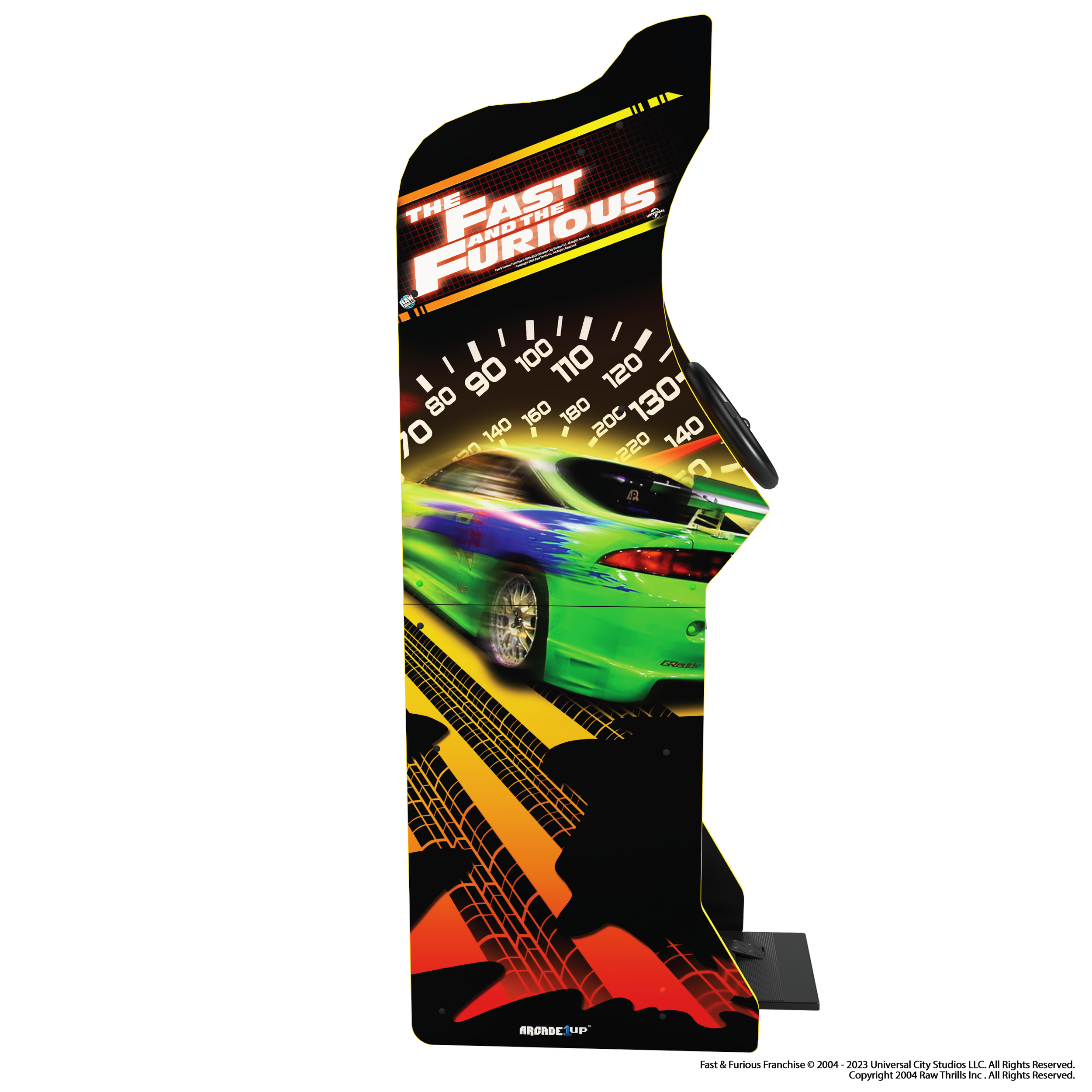 Arcade-Automat für das Fast and Furious-Spiel mit einem bunten Auto und Renn-Grafiken.